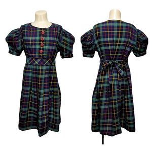 Vintage 50s Kate Greenaway Frock‎ Girls 3T Green Plaid Wool Dress Tie Back Waist